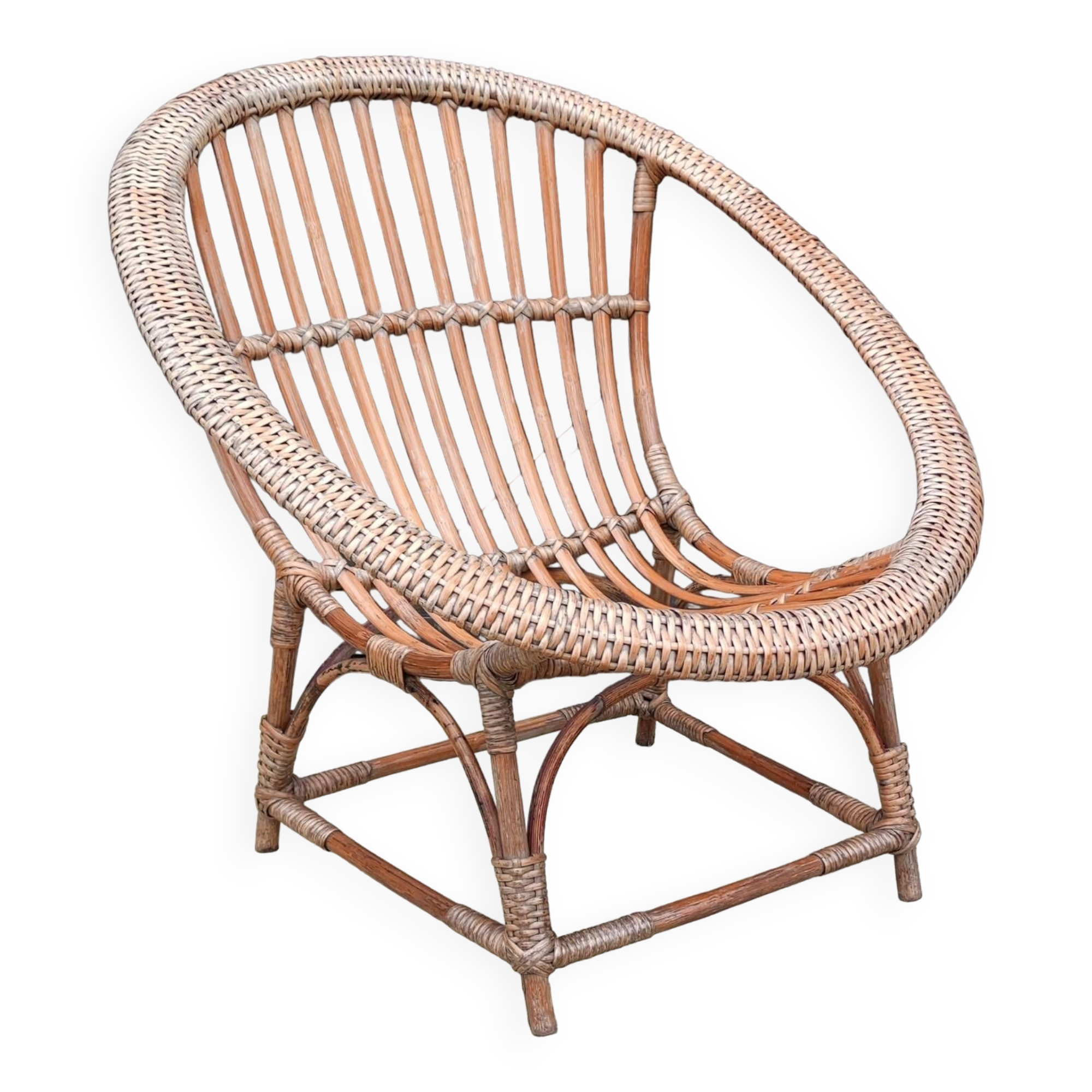 Vintage rattan shell basket armchair