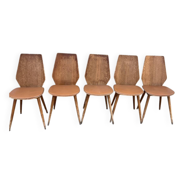 (Lot) 5 chaises vintage bois attribuées à Baumann (à restaurer)