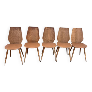 (Lot) 5 vintage wooden chairs attributed to Baumann (to be restored)