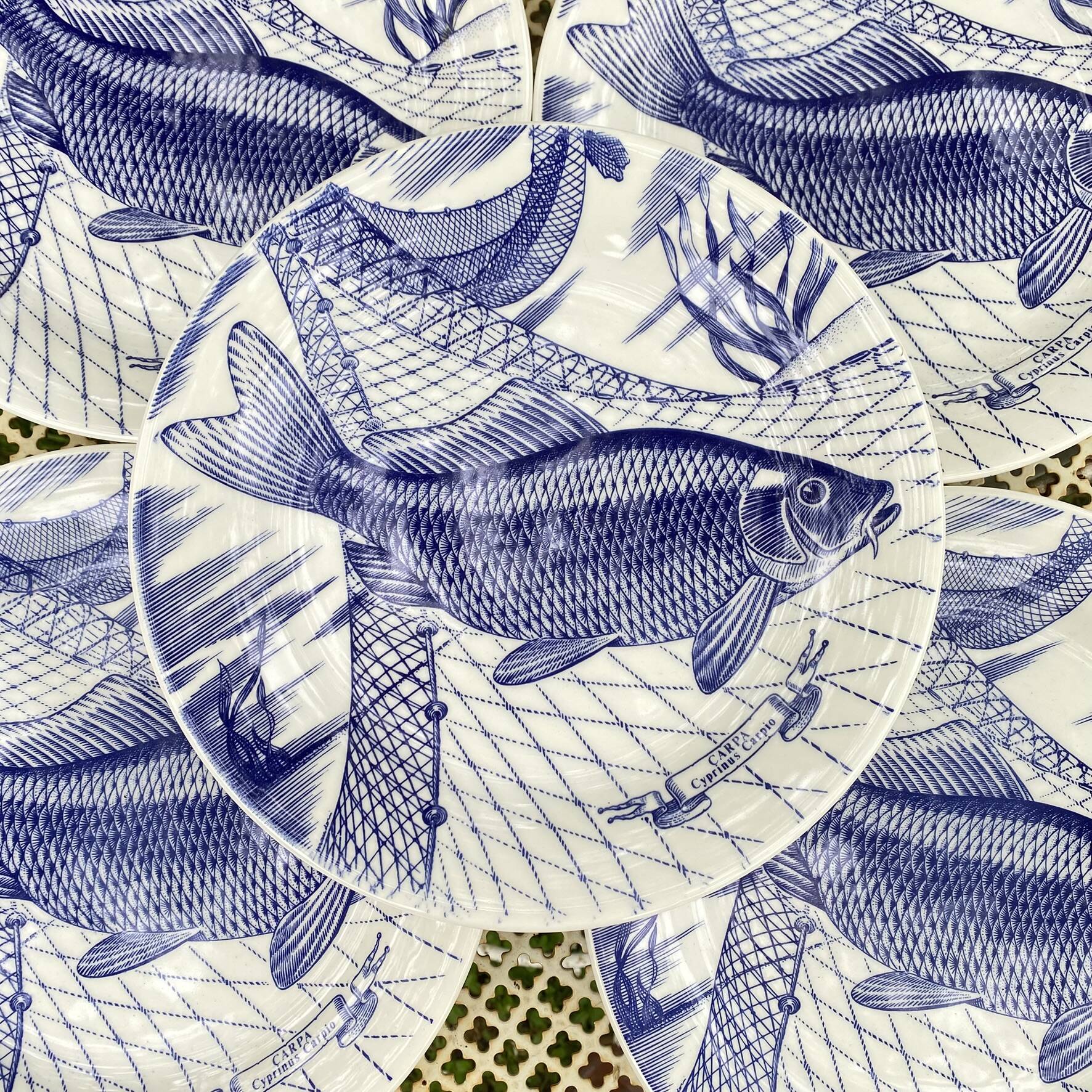 Plates and dish, fish service with cobalt blue decoration.