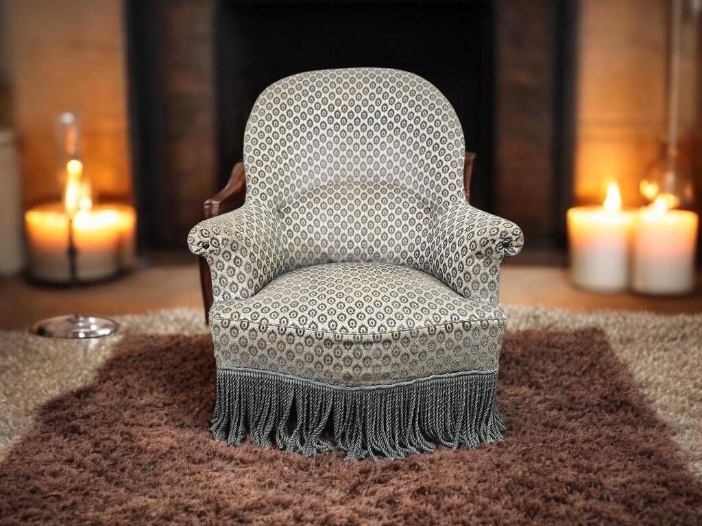 Fauteuil crapaud vintage en tissu gris
