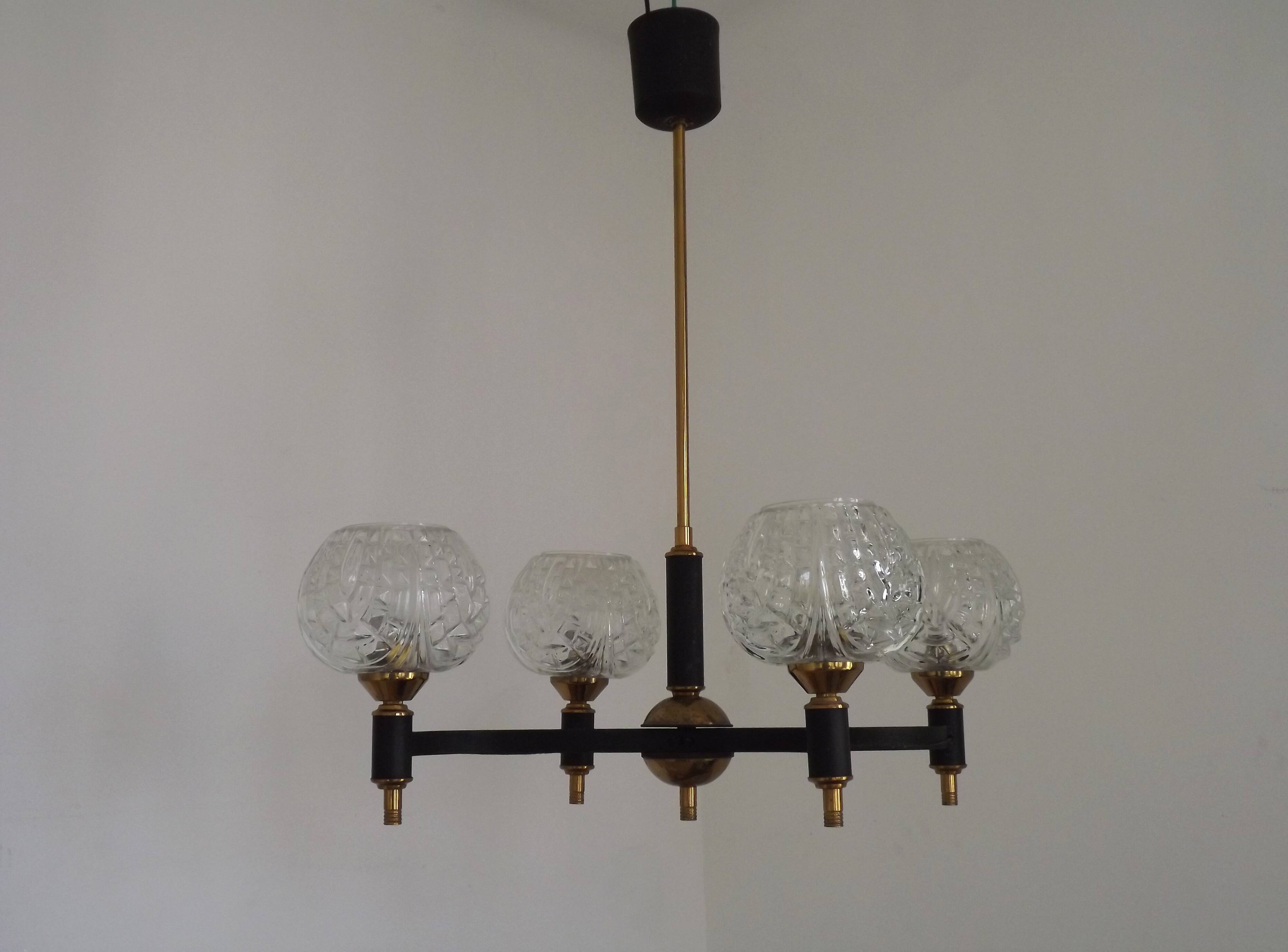 French Vintage Retro Mid Century Black & Gold 4 Arm Chandelier with Glass Shades 5015