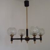 French Vintage Retro Mid Century Black & Gold 4 Arm Chandelier with Glass Shades 5015