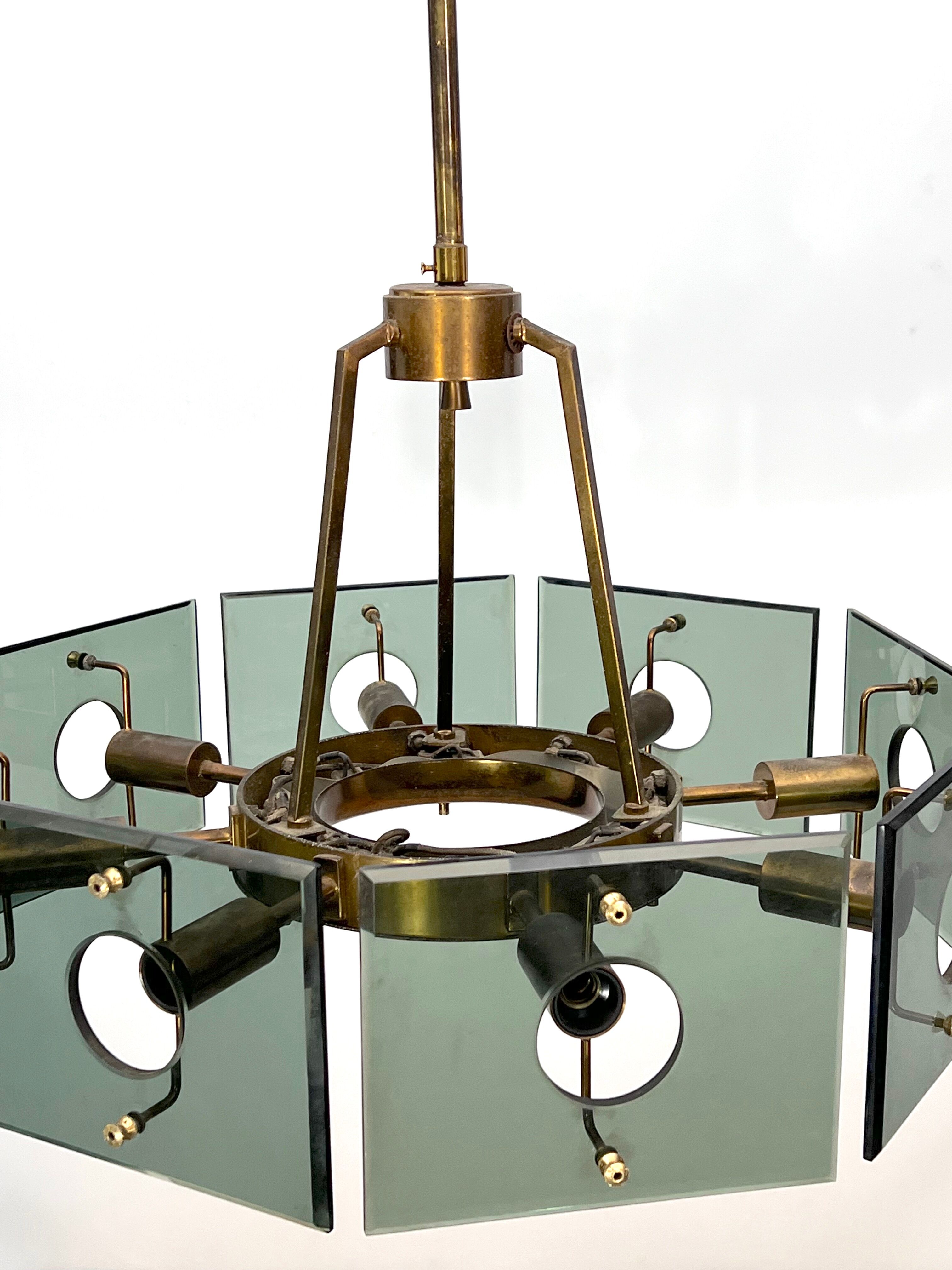 Gino Paroldo, modernist brass and smoked glass chandelier, Italy 1960s