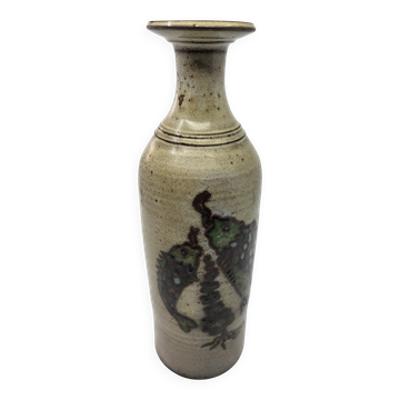 Vase bouteille vintage en grès céramique décor Poissons circa 1970/80