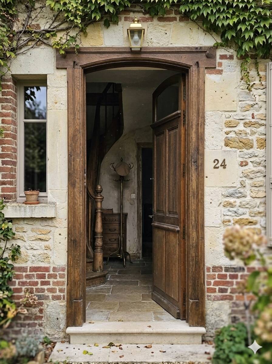 Old solid oak front door with frame and transom from the 19th century.