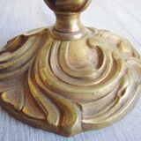 Paire de lampes anciennes en bronze avec abat-jours fait main en toile de Jouy vintage