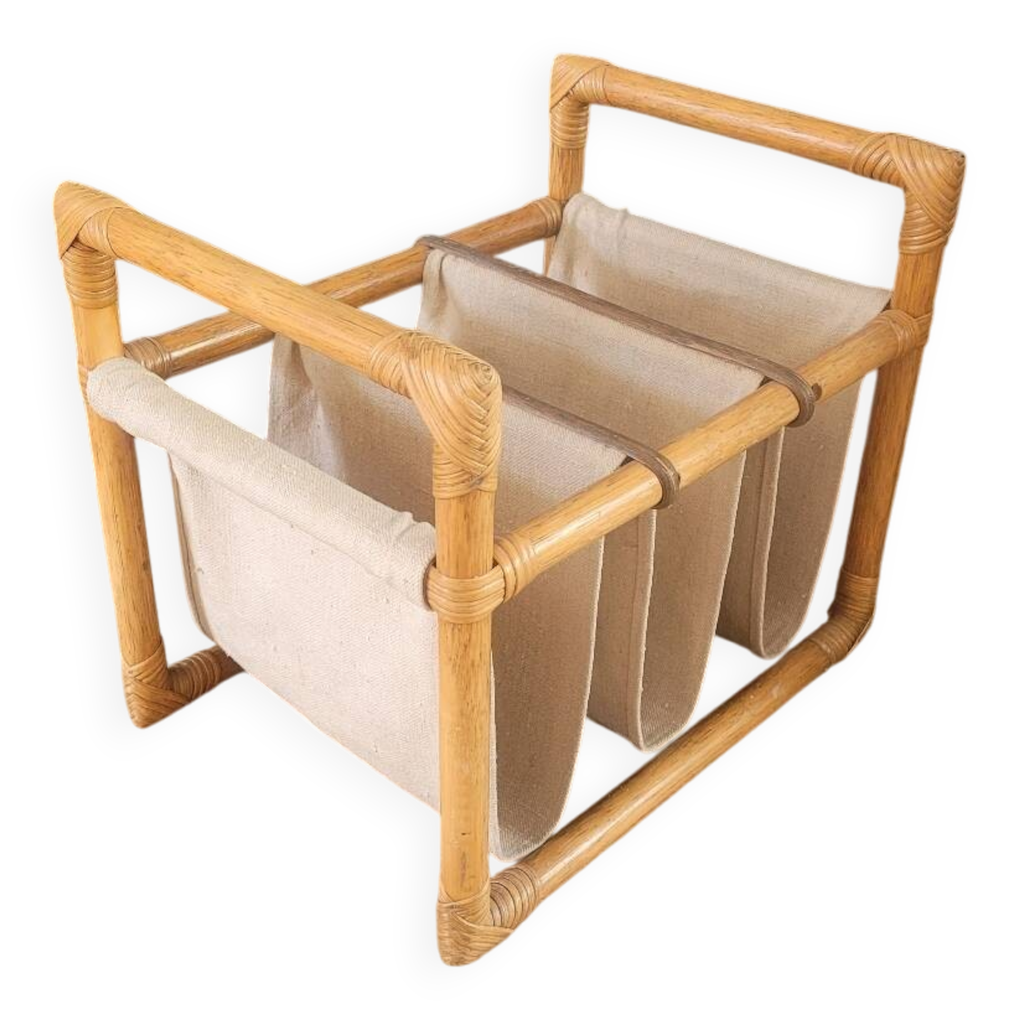 Vintage magazine rack made of bamboo, rattan and canvas