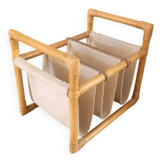 Vintage magazine rack made of bamboo, rattan and canvas