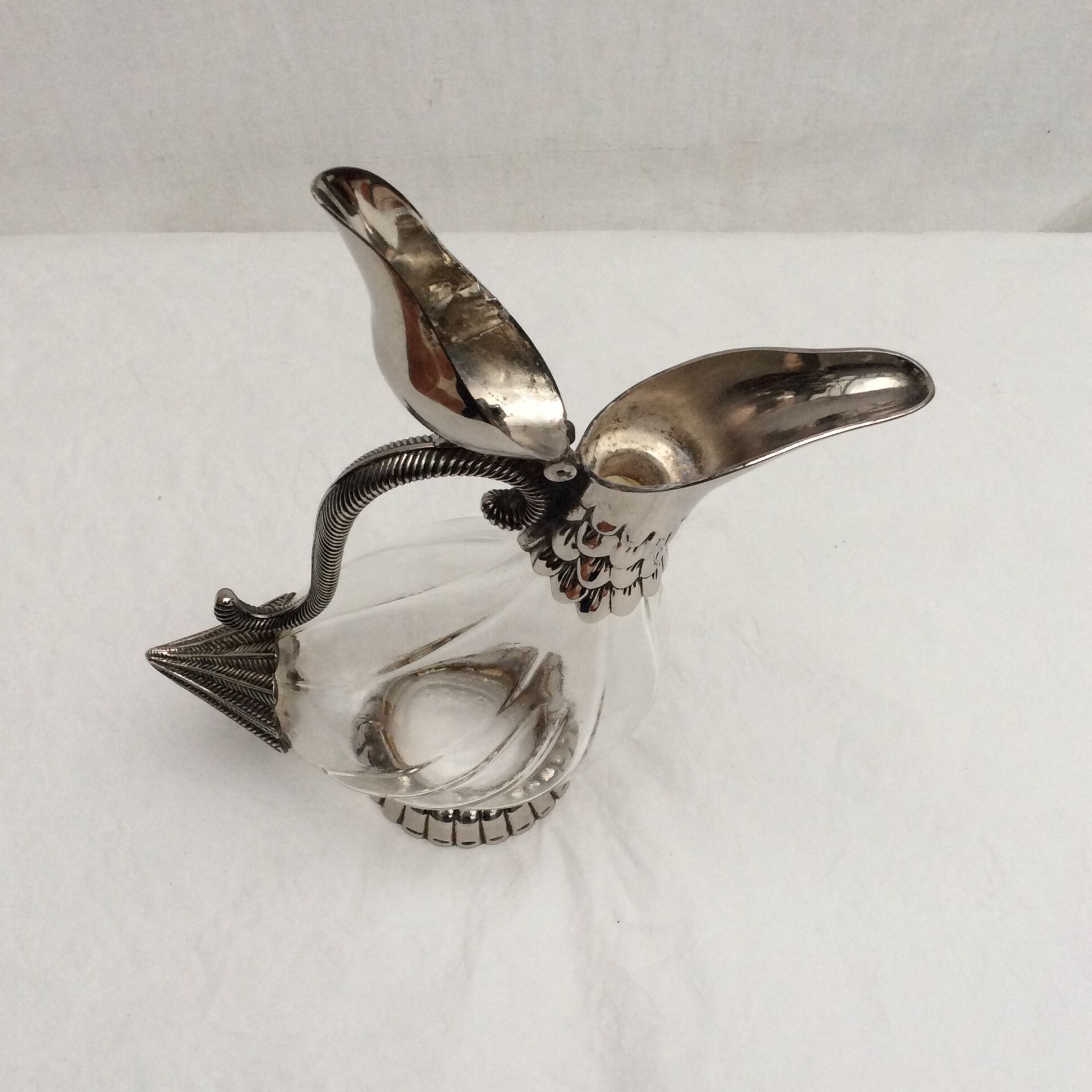 Carafe -duck in silver metal and glass signed
