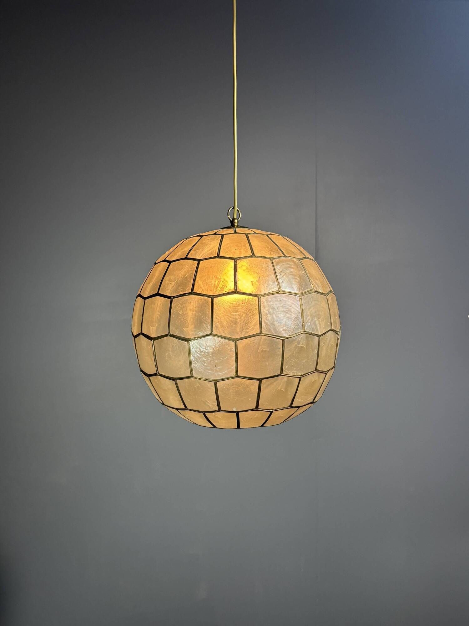 Pair midcentury mother of pearl Capiz large pendants, Feldman Lighting Co