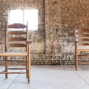Pair of Dutch oak ladderback armchairs with rush seats – 1960s