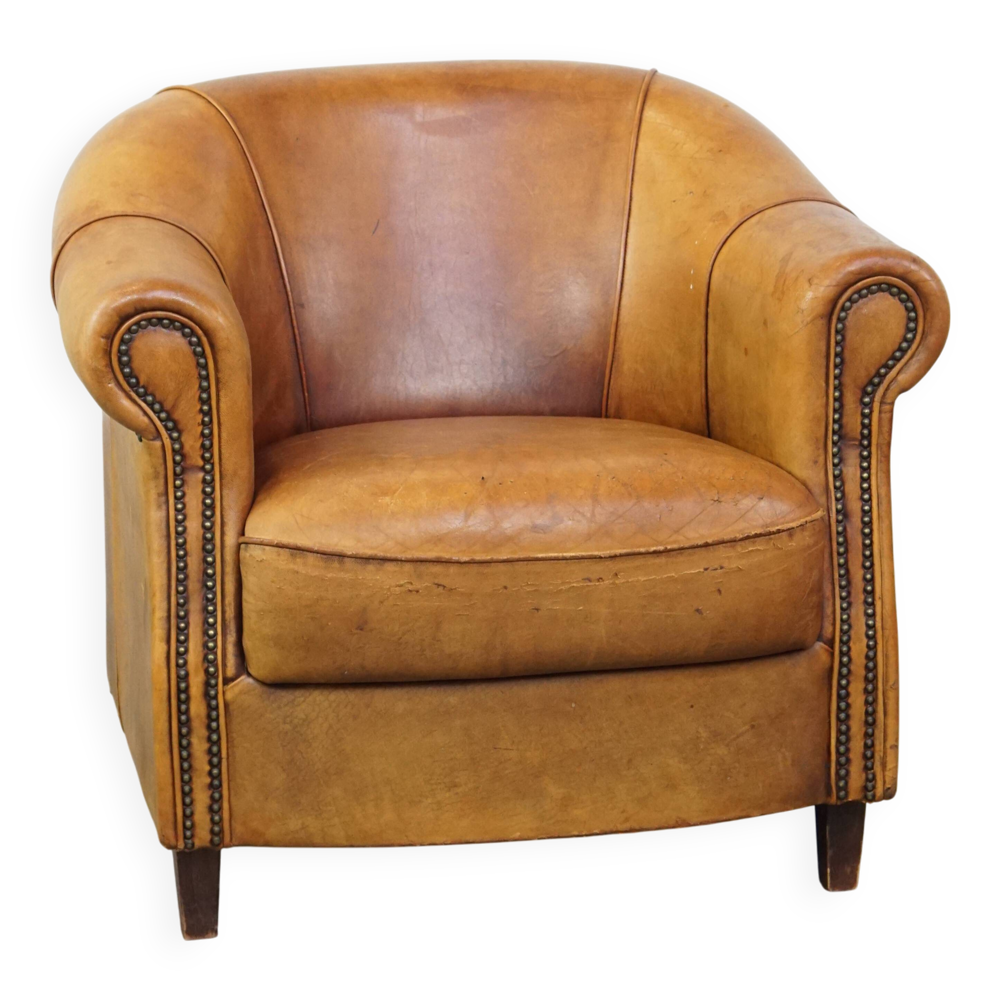Fauteuil club vintage en cuir de mouton cognac clair