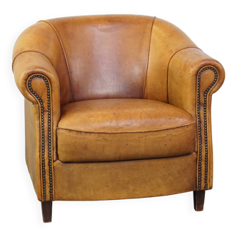 Fauteuil club vintage en cuir de mouton cognac clair