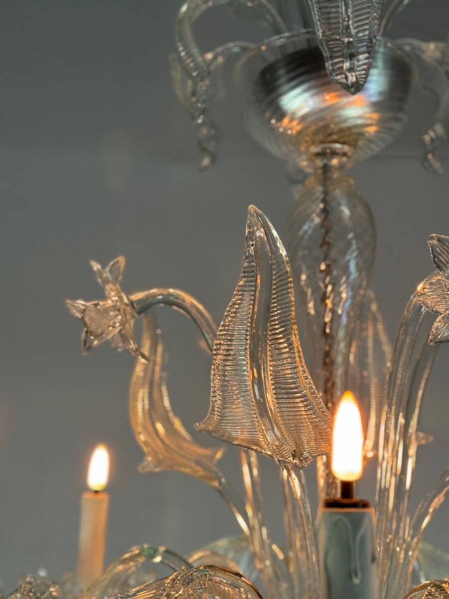 Venetian chandelier in colorless murano glass, 6 arms of light circa 1950