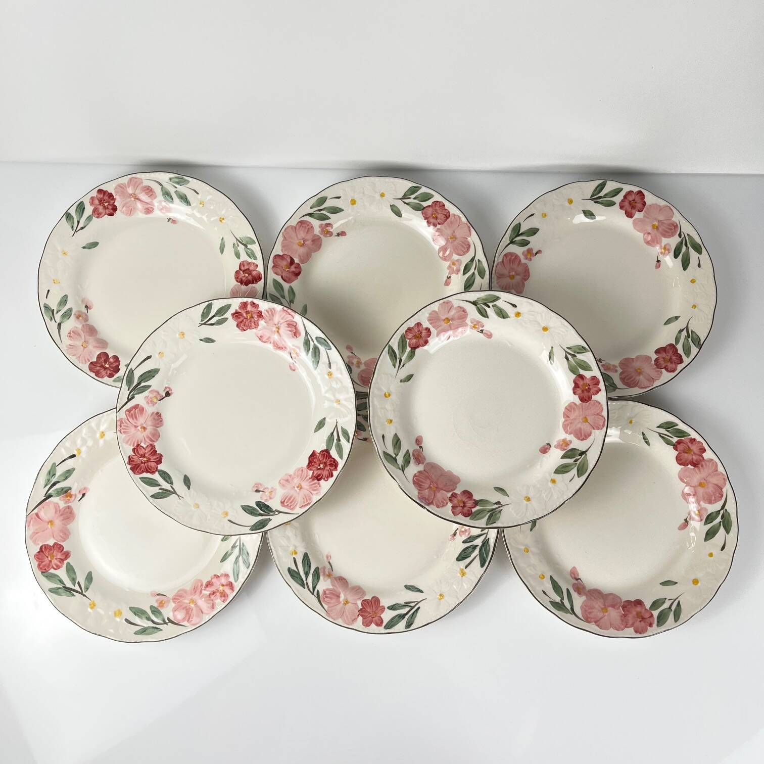 Set of 8 dessert plates: Cameo Florals Malaysia porcelain 1970–90
