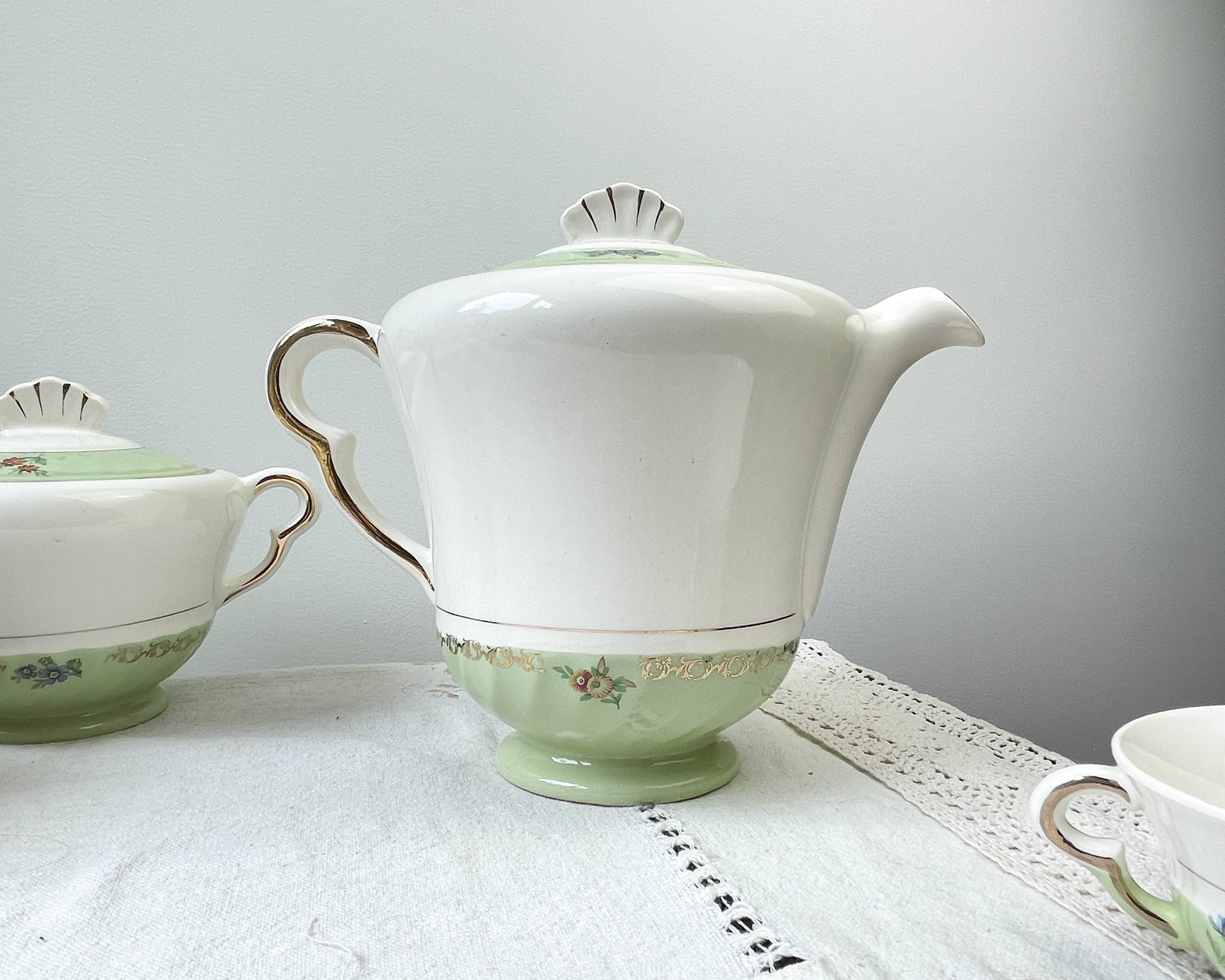 Vintage tea/coffee set in white, green and gold porcelain by SALINS, made in France