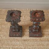 Pair of carved wood candlesticks iron nails handcrafted brutalist design candlesticks