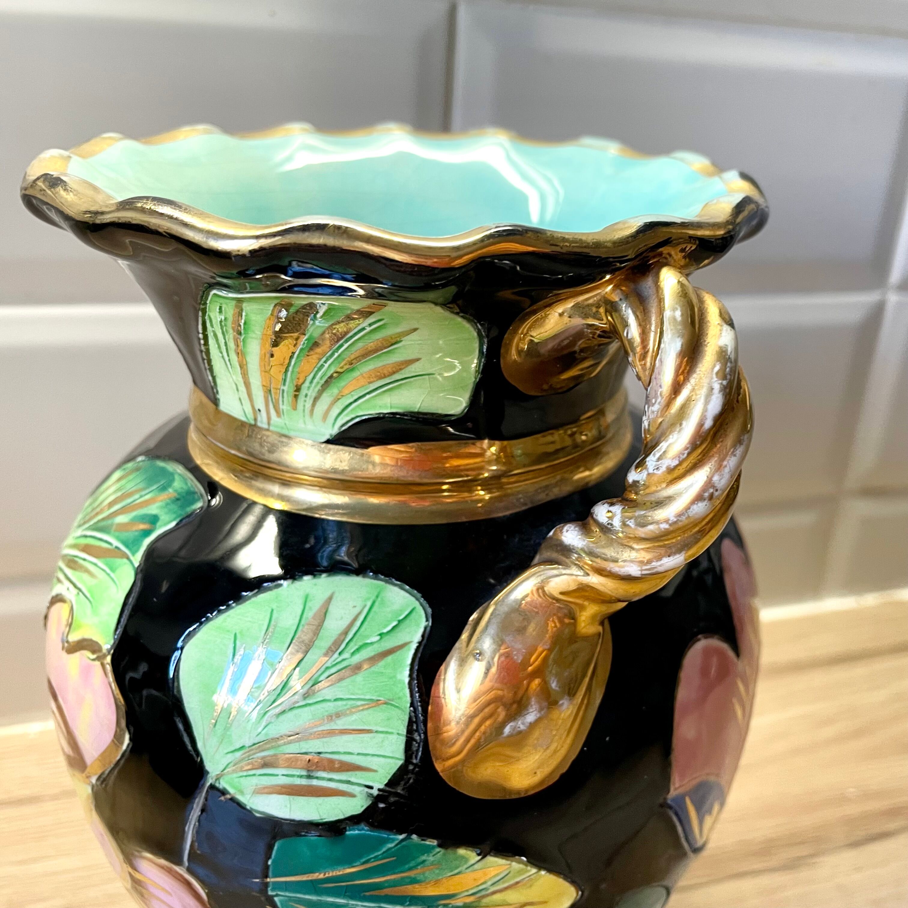 Vallauris vase with handle and gold leaf