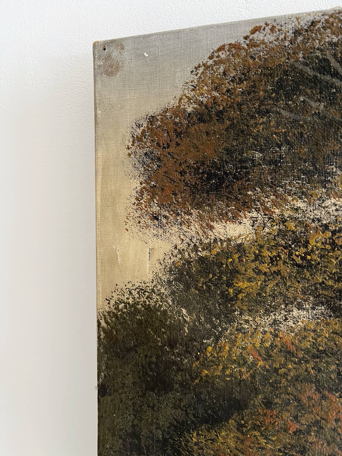 Old oil painting on canvas of a forest landscape.
