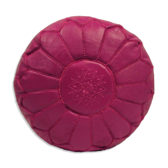 Pouf leather fushia - handmade Morocco D 53cm x H 32cm