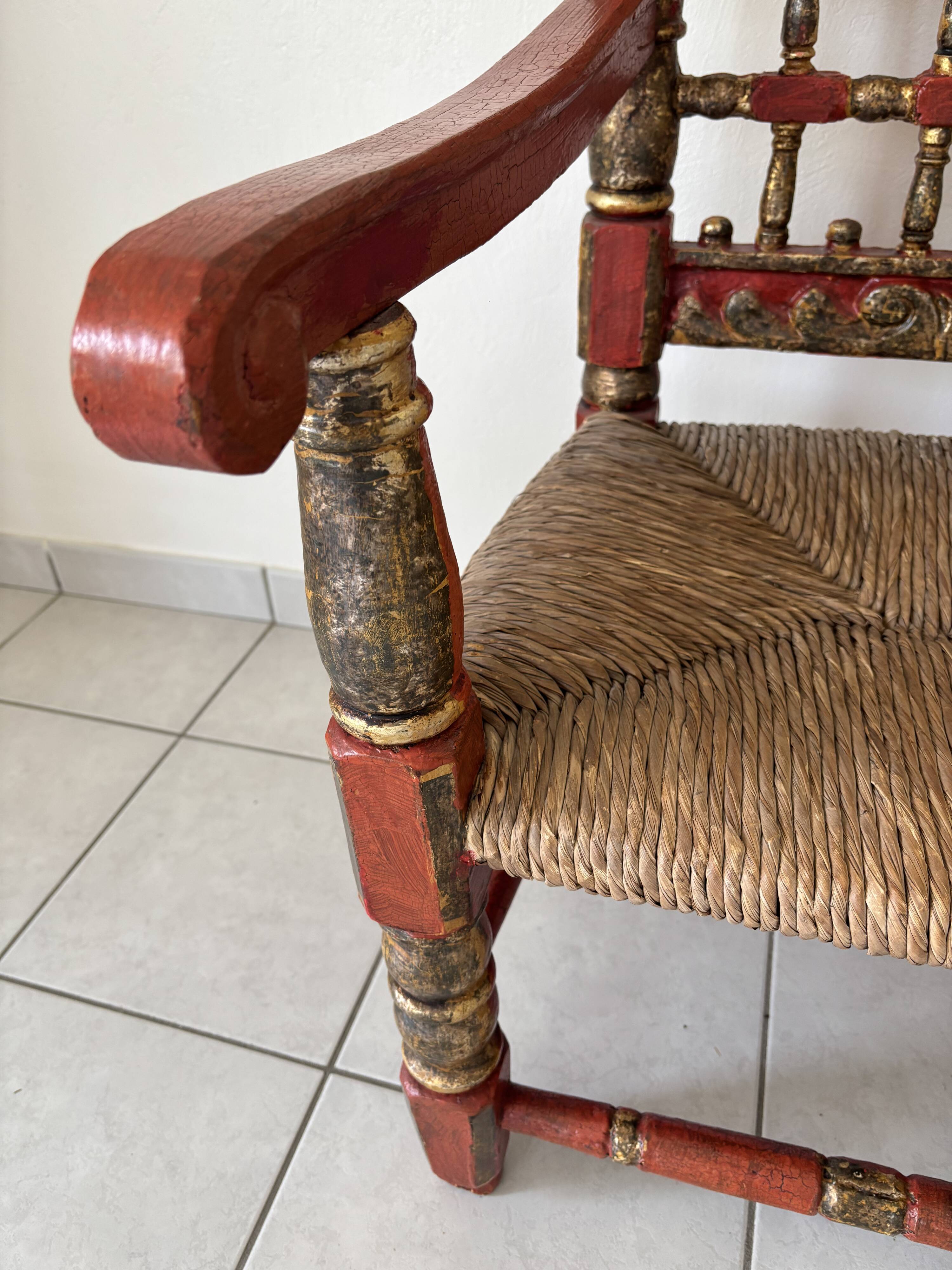 Vintage Spanish low chair in painted wood and straw (Majorca Andalusia)