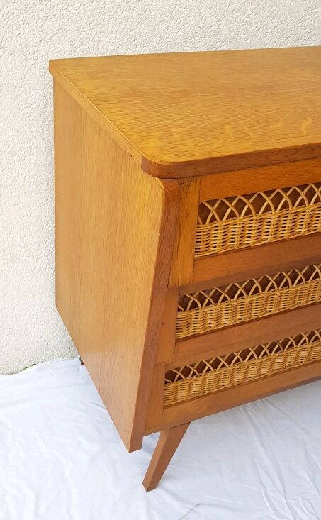 Chest of drawers wood and rattan 60s