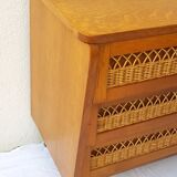 Chest of drawers wood and rattan 60s