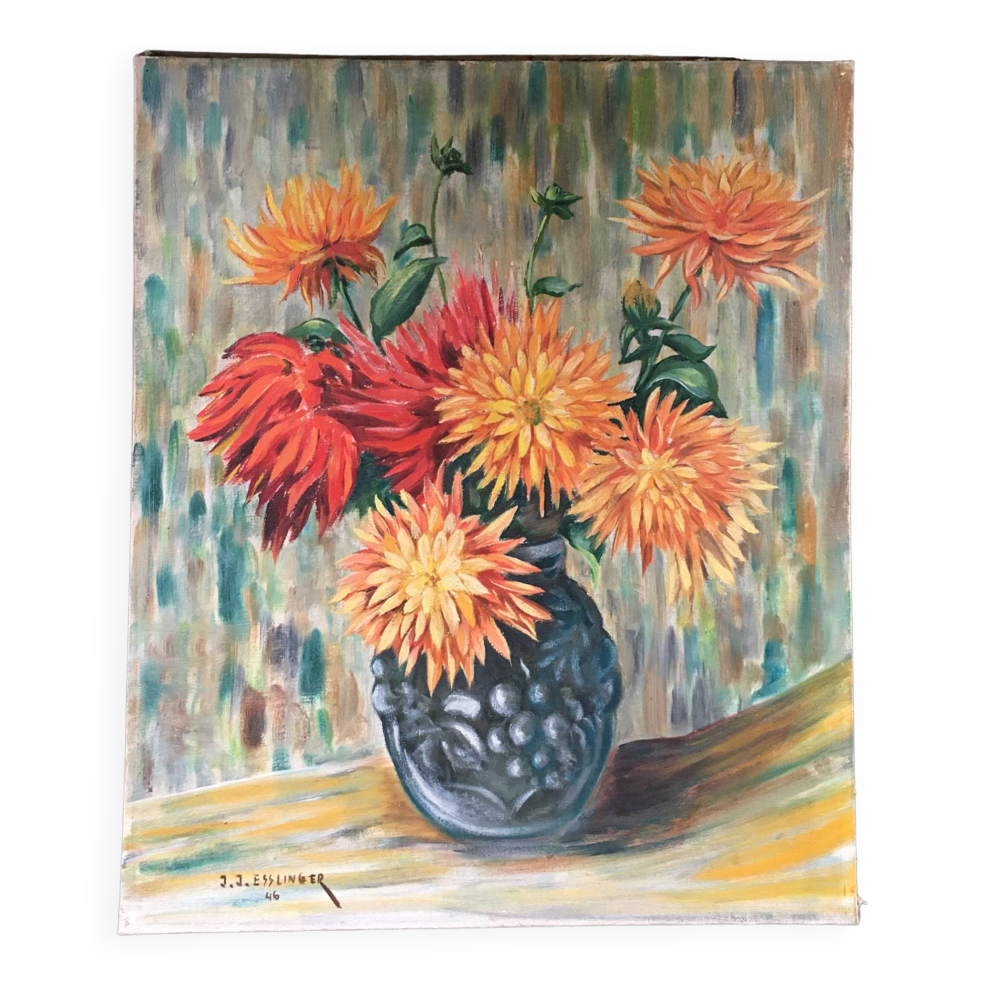 Old painting bouquet of dahlias