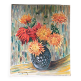 Tableau ancien bouquet de dahlias
