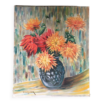 Old painting bouquet of dahlias
