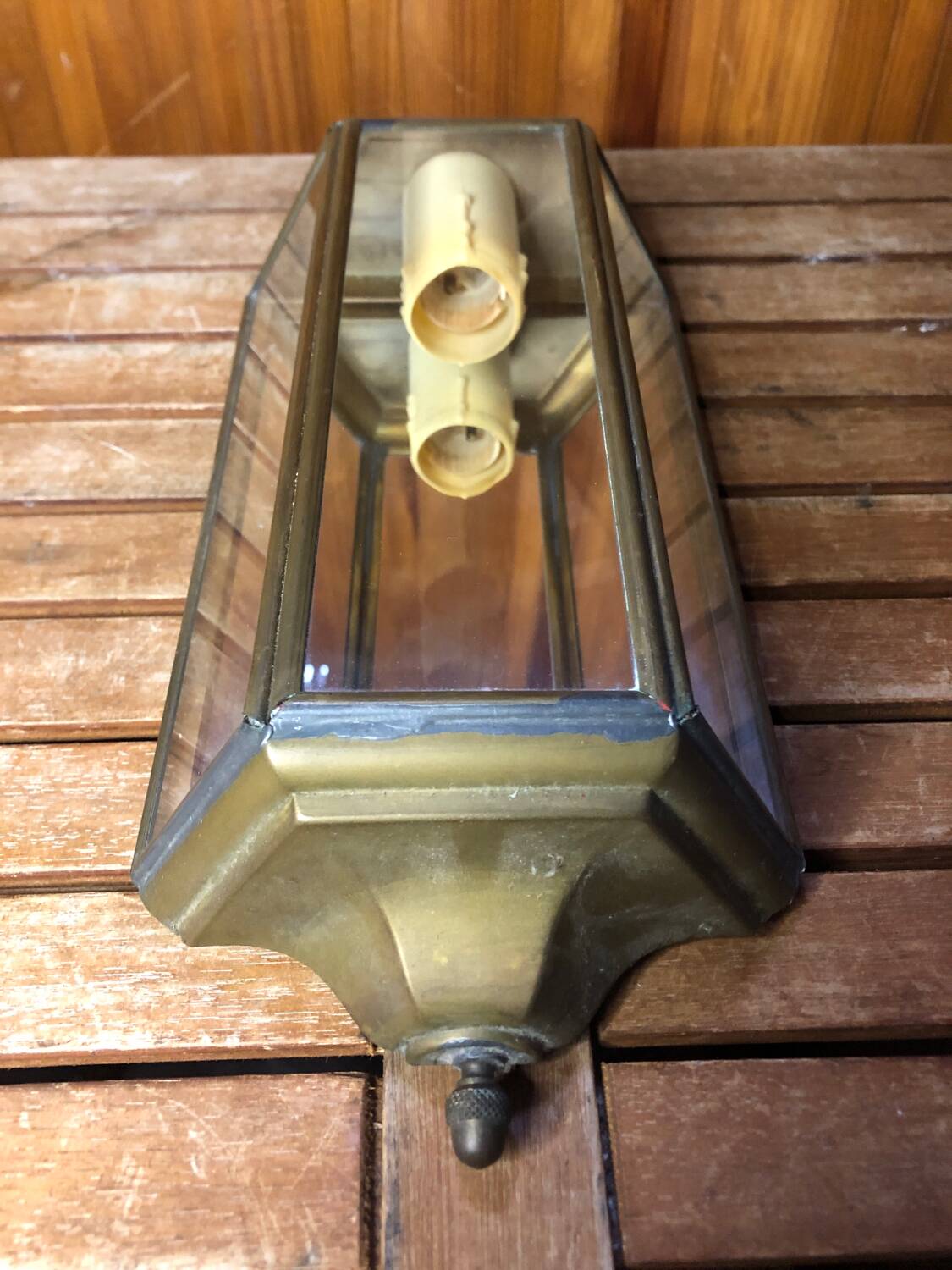 Old Brass Lantern Wall Lamp with Mirrored Background + Vintage Glass Plates