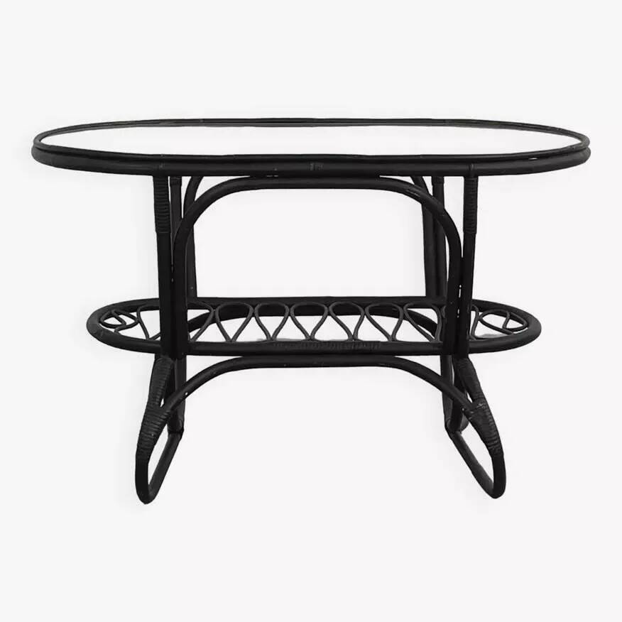 Black rattan and glass coffee table