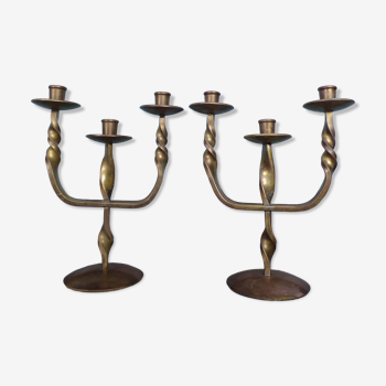 Pair of brutalist bronze candle holders