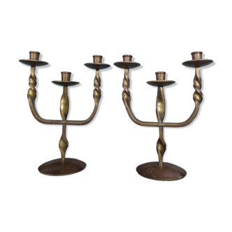 Pair of brutalist bronze candle holders