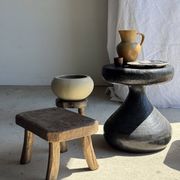 Small stool, rectangular rounded solid teak side table wabi-s