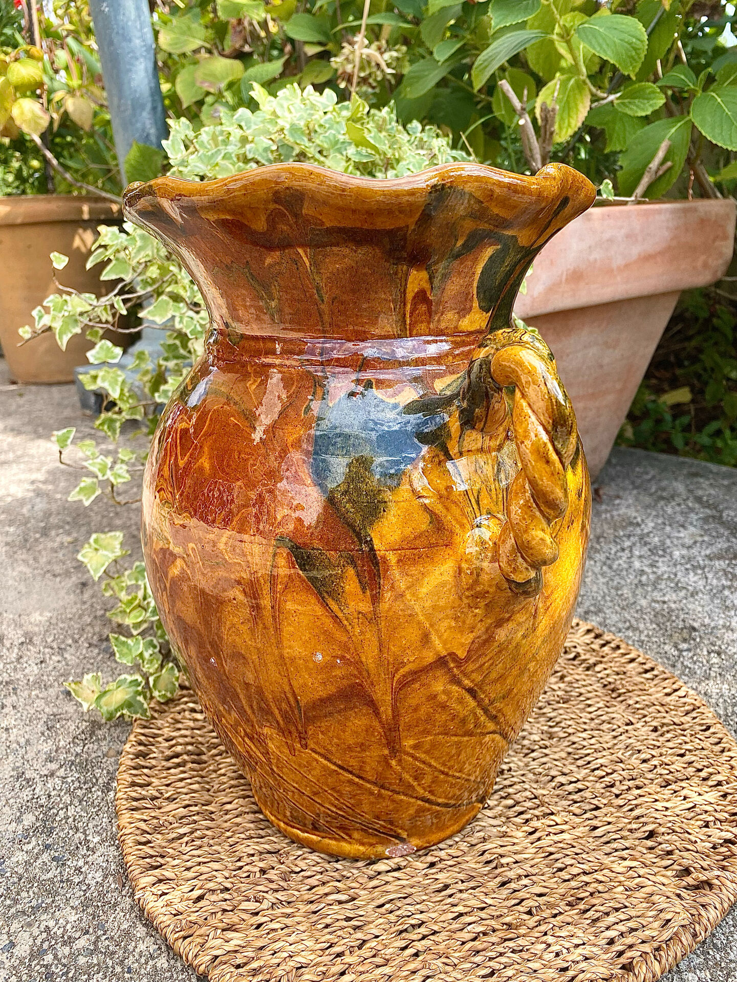 Ancient large vase in glazed speckled terracotta
