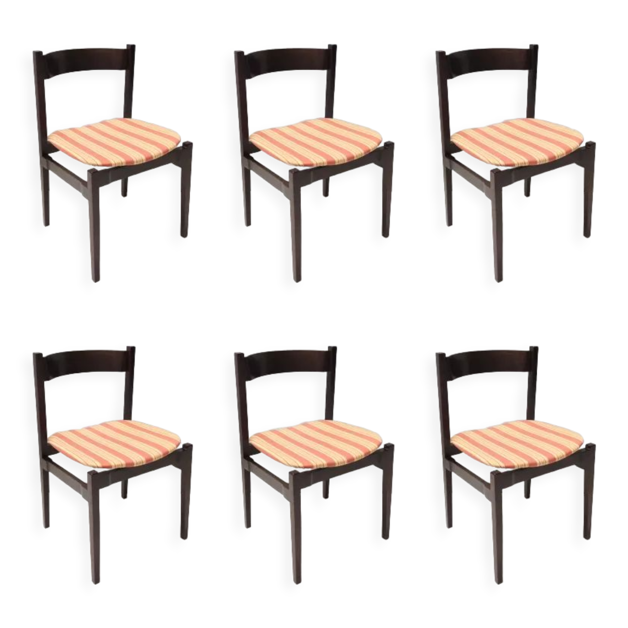 Vintage Set of Six Walnut Chairs by Gianfranco Frattini for Cassina with Stripe Patterned Orange Fab