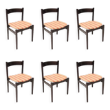 Vintage Set of Six Walnut Chairs by Gianfranco Frattini for Cassina with Stripe Patterned Orange Fab