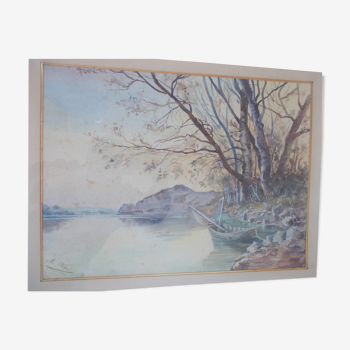 Aquarelle 1905 d'a. perard : barque amarrée au bord de l'eau,  arbres bouleaux, cadre doré