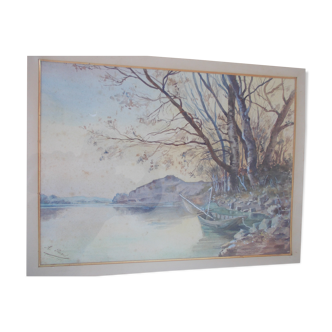Large watercolor 1905 by a. perard: boat moored at the water's edge, birch trees, golden frame