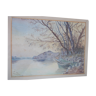 Large watercolor 1905 by a. perard: boat moored at the water's edge, birch trees, golden frame