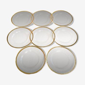 Lot de 8 assiettes en verre, gansées dorées, diamètre 28 cm