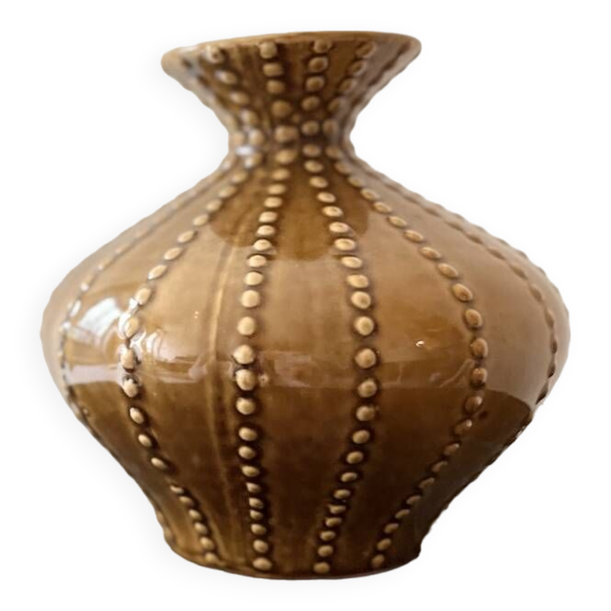 pear-shaped vase in ocher enameled ceramic and pearls