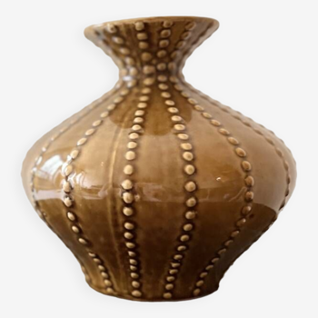 pear-shaped vase in ocher enameled ceramic and pearls