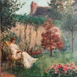Oil on canvas park scene with a woman sitting in an armchair