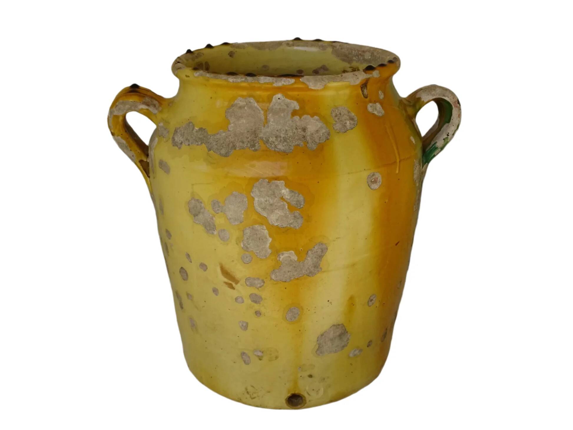 Grande vinaigrette ancienne française à glaçure jaune et verte à motif de pot à confit