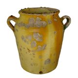 Grande vinaigrette ancienne française à glaçure jaune et verte à motif de pot à confit