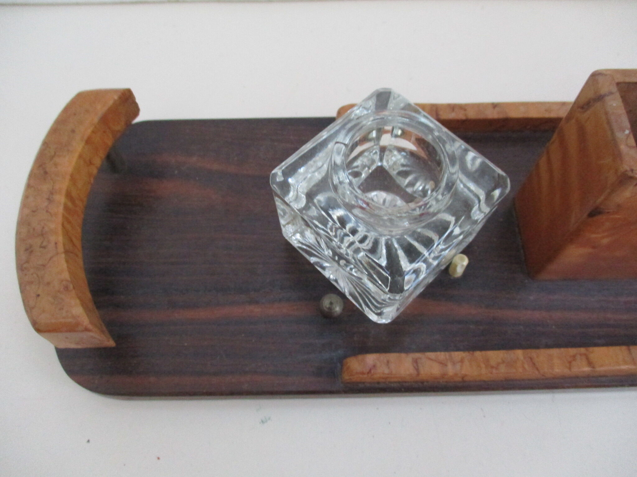 Wood inkwell and art deco glass