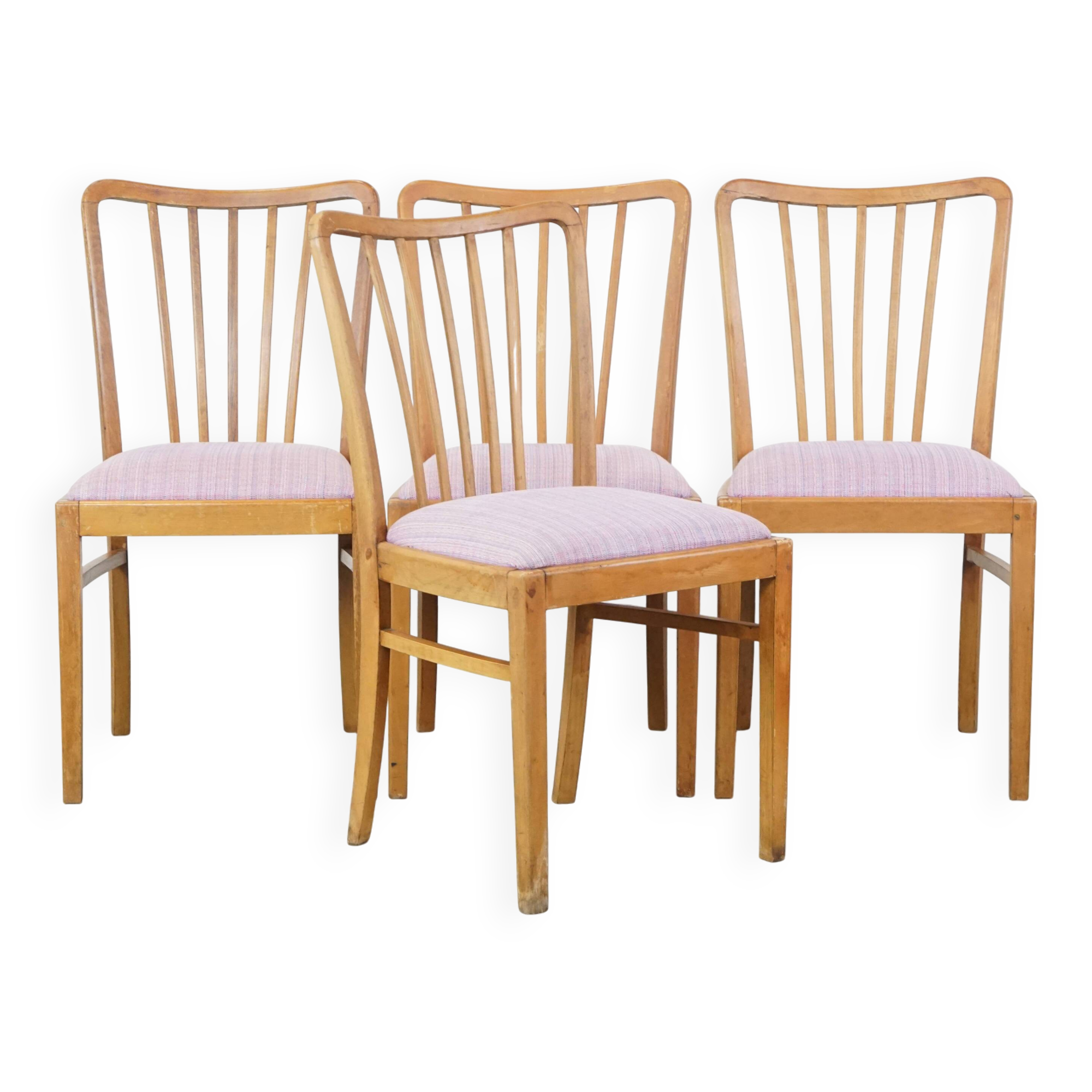 Set of 4 vintage Danish design dining chairs from the 1970s with light purple fabric seats